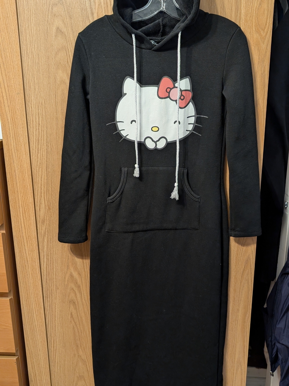 Black Hoodie Dress with Hello Kitty Face and Pink Bow (Would Fit Ladies Small)